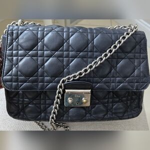 Dior Navy Quilted Shoulder Bag with Silver Chain